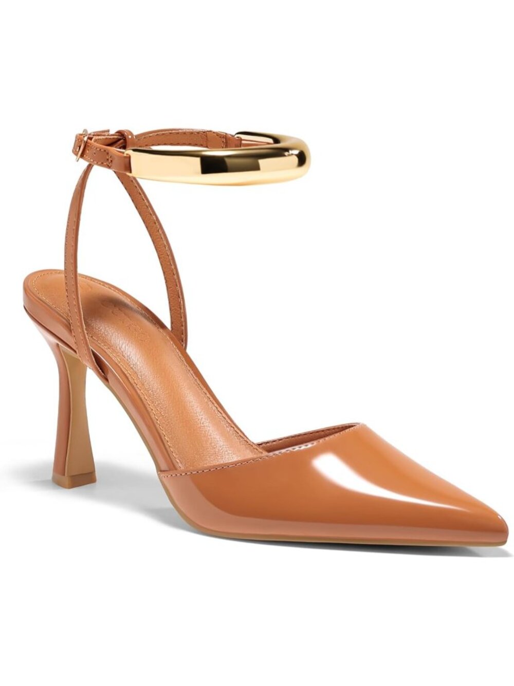 Women's Brown Strappy High Heels Closed Pointed Toe Pumps Ankle Strap Metal